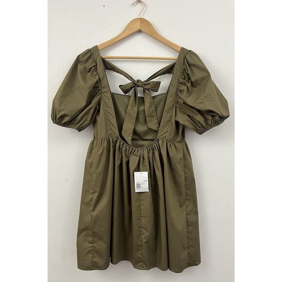 FOREVER 21 Baby Doll Mini Dress Women's Size L Olive Green 100% Cotton Y2K - Picture 5 of 14